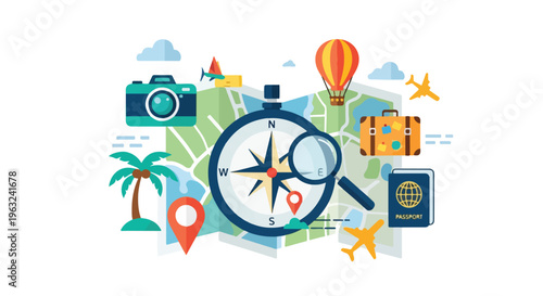 Colorful travel illustration, featuring a map, compass, and various travel elements