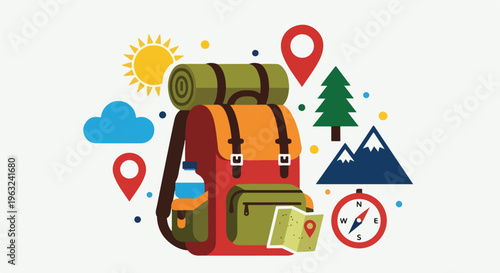 Colorful travel illustration, featuring a backpack and nature icons