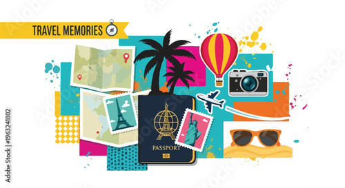 Colorful travel illustration of a passport, maps, stamps, and other travel items