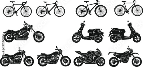 Collection of colorful two‑wheeled vehicle illustrations including bicycles, scooters, sport motorcycles, cruisers, and dirt bikes, perfect for transportation, recreation, education, automotive