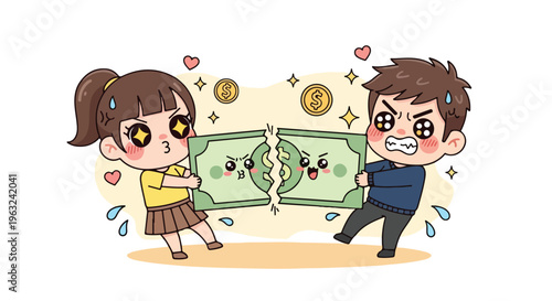 Cartoon illustration of a man and woman fighting over a torn banknote with a comedic and chaotic mood.