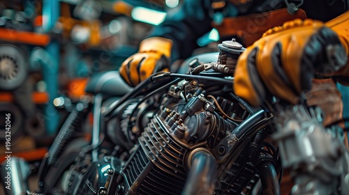 Close up of motorcycle engine with mechanic gloves repair and maintenance concept