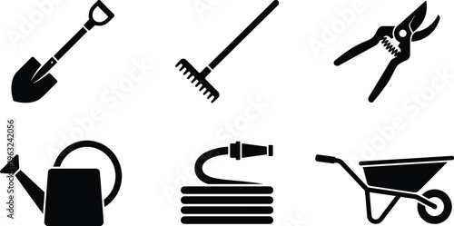 Gardening Equipment Icons Vector Collection | Garden Tools Essential Symbol Set Black Isolated