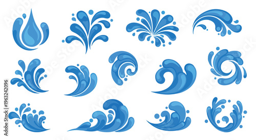 Collection of various blue wave and water droplet graphics arranged in rows on a white background.