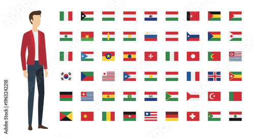 Large International Flags Collection with Businessman