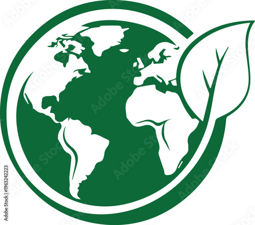 A green earth graphic featuring a leaf symbolizing environmental awareness