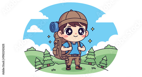 A cartoon illustration of a smiling young boy wearing a backpack and cap standing on a green hill with trees under a blue sky with clouds.
