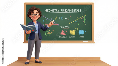 Math teacher character explaining geometry fundamentals and Pythagorean theorem on chalkboard. Science and mathematics education vector