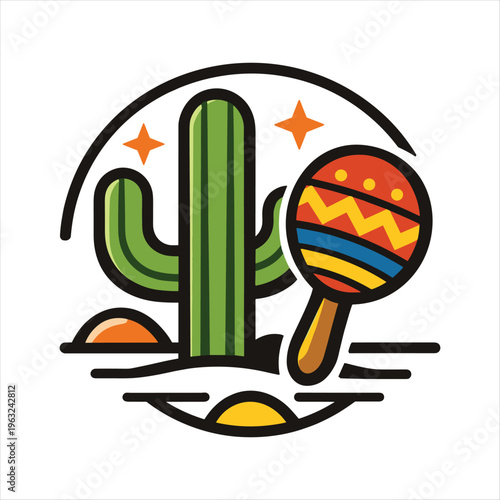 Vibrant desert scene with cactus and maraca