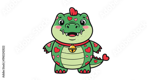 A cheerful cartoon dinosaur with green and red spots, wearing a red collar and a gold pendant, standing against a plain white background with a playful and affectionate mood.