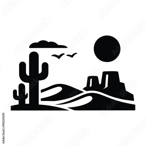 Desert landscape silhouette with cactus and sunset