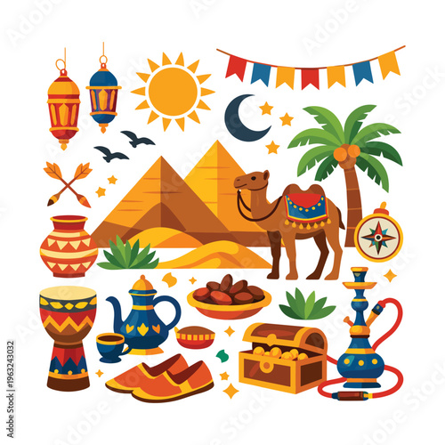 Quadro em tela Vibrant egyptian themed illustration with camels pyramids and cultural symbols