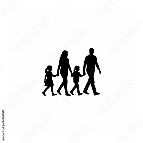 Happy family walking with two girls silhouette