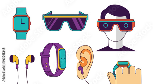 Colorful vector illustration of wearable technology and human body parts