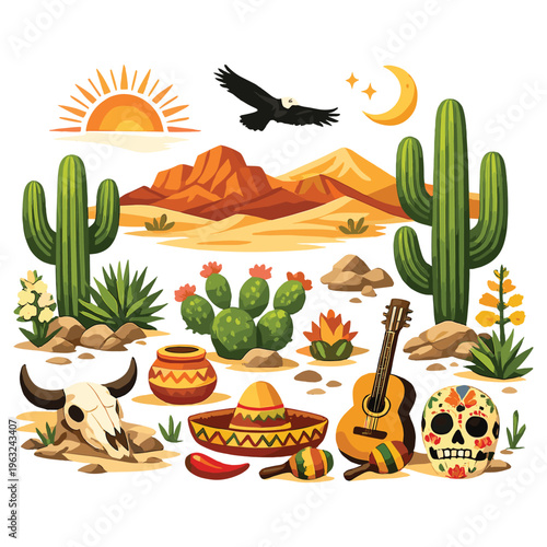 Vibrant southwestern desert landscape with iconic symbols
