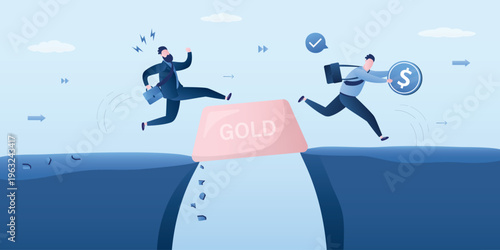 Businessmen jump across chasm using gold bar as bridge. One carries dollar coin, financial strategy, risk management, and reaching success through  precious metals assets.