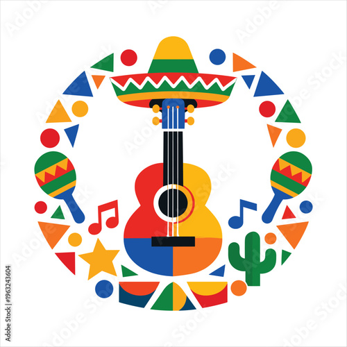 Vibrant mexican fiesta music logo with guitar and sombrero