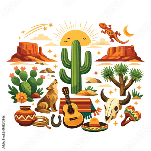 Southwestern desert landscape with cactus and western elements