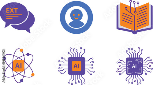 Artificial intelligence vector icons featuring communication, human cognition, digital learning, scientific computation, microchip technology, and innovation concepts for modern AI, education
