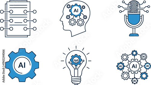 Artificial intelligence vector icons featuring data processing, human cognition, voice recognition, automation systems, innovation ideas, and AI networks for modern digital technology 