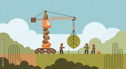 Construction site scene of a crane lifting a giant leaf with workers