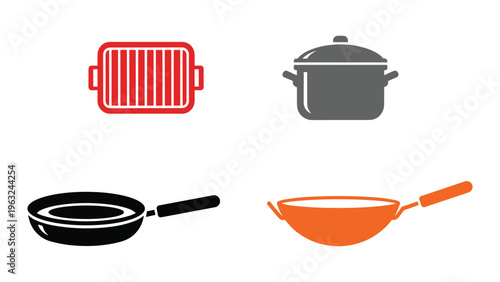 A collection of four distinct kitchen cookware items designed for various cooking tasks.