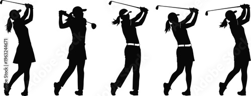 Collection of golfer silhouettes showing sequential swing stages from backswing to follow‑through, perfect for sports design, golf mechanics, athletic themes, and creative artwork projects.