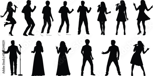 Collection of performer silhouettes singing, dancing, and holding microphones in expressive poses, perfect for concert themes, music design, stage performance artwork, and creative projects.