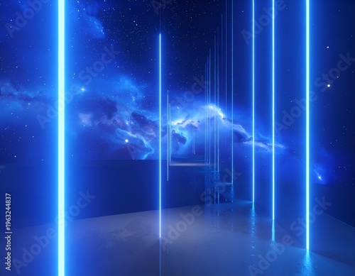 Futuristic room with neon blue lights against a cosmic nebula backdrop