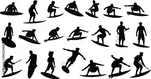 Collection of surfer silhouettes in dynamic poses balancing on surfboards, demonstrating stances and maneuvers, perfect for sports design, surfing themes, athletic artwork, and creative projects.