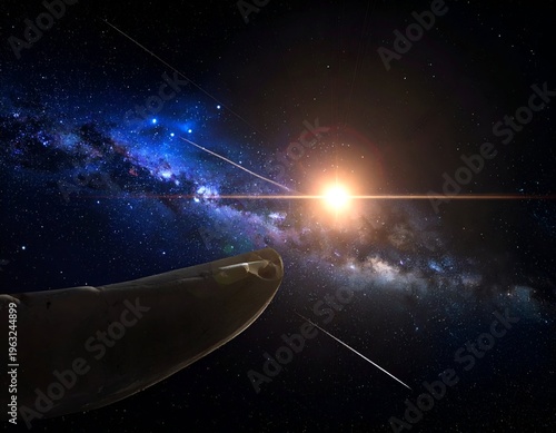 Futuristic spaceship glides toward vibrant, sunlit galaxy with streaking meteor showers