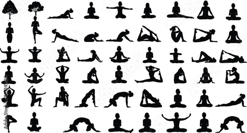 Collection of yoga pose silhouettes including standing, seated, balancing, stretching, and inverted positions, perfect for fitness design, meditation themes, health education, and creative artwork 