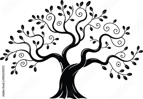 A stylized black tree silhouette with sprawling branches and leaves on a white background