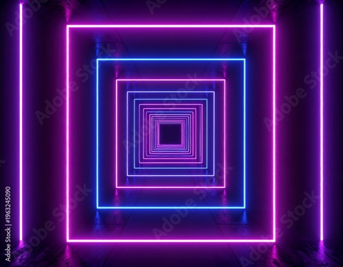 Futuristic tunnel illusion with neon pink and blue square frames extending into the distance