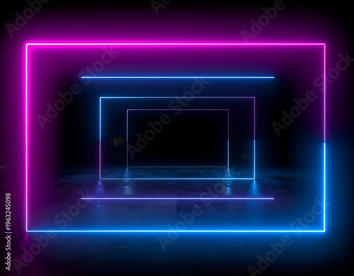 Futuristic tunnel illustration with neon-colored rectangles creating a depth effect on dark background