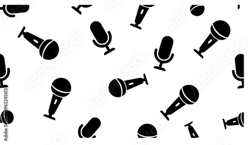 Scattered Microphone Seamless Pattern Vector with Black Audio and Radio Mic Icons on White Background