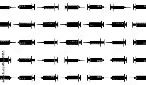 Black Syringe Seamless Pattern Vector with Medical Injection Icons for Vaccine and Healthcare Design
