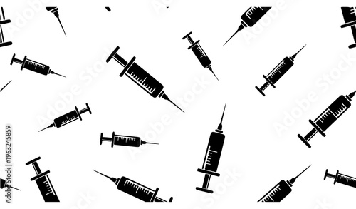 Scattered Syringe Seamless Pattern Vector with Black Medical Injection Icons for Vaccination Theme