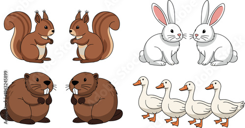 Cute woodland animal set with squirrels rabbits beavers and ducks in different poses cartoon vector illustration collection