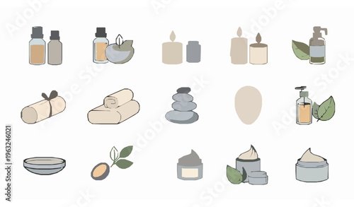 Minimal Spa Icons Vector Set with Hand Drawn Beauty Wellness Elements in Clean Sketch Style Isolated on White