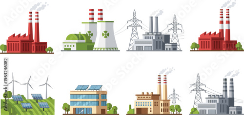 Illustration of diverse energy facilities including factories, nuclear plant, transmission towers, wind turbines, and solar panels, perfect for power generation, renewable energy, and industrial 