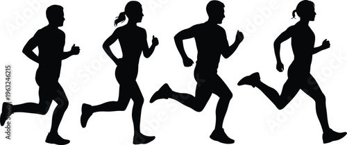 Silhouette of four people running in unison