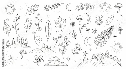 Whimsical illustration of various plants flowers mushrooms and celestial elements in a dreamy landscape with hills and a white background