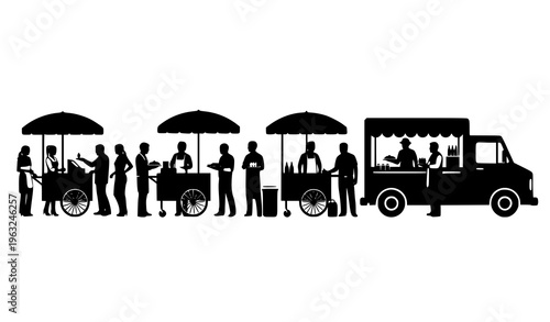 Food Truck and Cart Silhouette Vector with People Ordering Serving and Eating Street Food Scenes