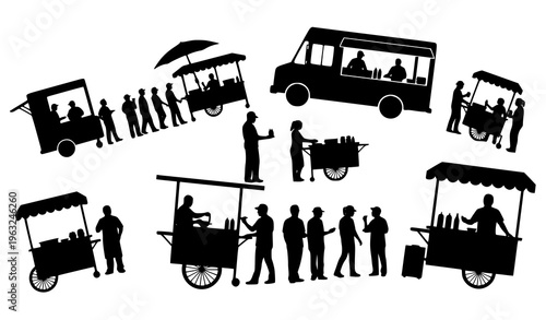 Street Food Silhouette Scene Vector with Food Truck and Cart Interaction People in Urban Market Setting