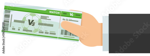 Businessman hand holding football entrance pass for stadium access, ticket sale, sporting event attendance and championship tournament admission (cut out,flat design)