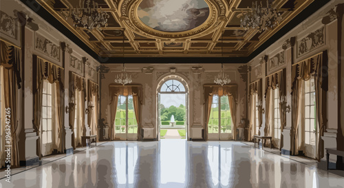 Elegant ballroom with ornate ceiling and windows overlooking a garden