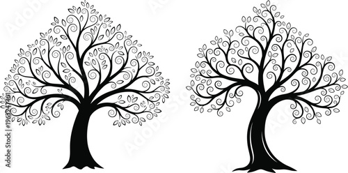 Two bare trees silhouette against white background