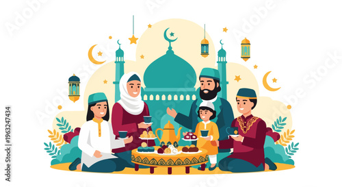 Family enjoying a meal by a mosque, with stars, moons, and lanterns