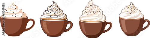 Four brown ceramic coffee mugs with whipped cream and steam on a transparent background